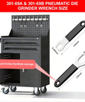 301-69A & 301-69B pneumatic die grinder wrench set displayed with storage cart, featuring 0.45 and 0.7 inch sizes.