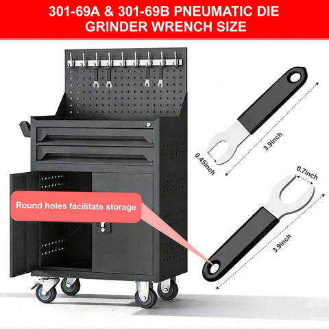 301-69A & 301-69B pneumatic die grinder wrench set displayed with storage cart, featuring 0.45 and 0.7 inch sizes.