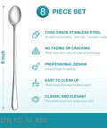 Image showing one spoon from the 8 Piece 9 Inch Long Handle Stainless Steel Iced Tea Spoons Set For Coffee Ice Cream Soda Milkshakes and Cocktail Stirring Durable 18 8 High Polish Silverware.