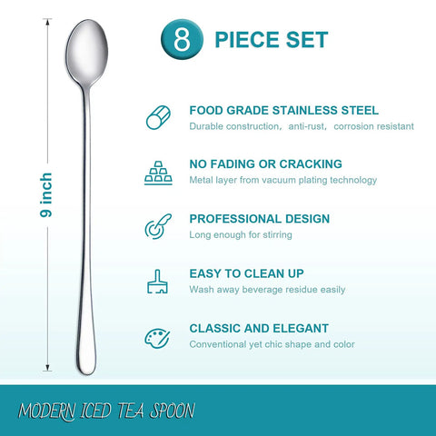 Image showing one spoon from the 8 Piece 9 Inch Long Handle Stainless Steel Iced Tea Spoons Set For Coffee Ice Cream Soda Milkshakes and Cocktail Stirring Durable 18 8 High Polish Silverware.