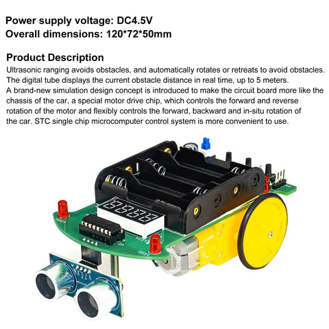 DIY Electronic Car Kit With Infrared Sensor Ultrasonic Module And Motorized Chassis Hands On Robot Practice Set Including PCB Components And Wiring For Fun Experiments Teaching Circuitry And Coding, 120x72x50mm