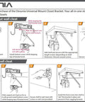 Installation guide for Heavy Duty Adjustable Closet Rod And Shelf Support Brackets, Chrome Plated Steel, showing various setup steps.