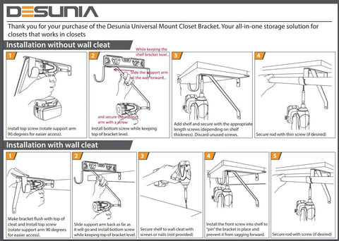 Installation guide for Heavy Duty Adjustable Closet Rod And Shelf Support Brackets, Chrome Plated Steel, showing various setup steps.
