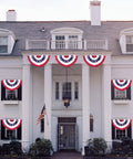 Historic colonial house with 3 Pack Outdoor All American Flag Buntings 1.5x3 Feet ready for Memorial Day 4th of July decor