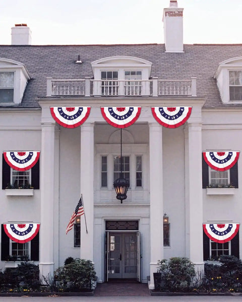 Historic colonial house with 3 Pack Outdoor All American Flag Buntings 1.5x3 Feet ready for Memorial Day 4th of July decor