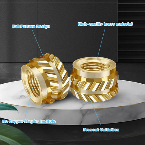M3 Heat Set Brass Threaded Inserts For Plastic, Knurled Embedding Nuts For 3D Printing on marble surface