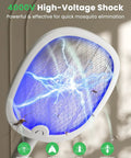 Close-up of Portable 2 In 1 Electric Fly Swatter Bug Zapper Racket With Purple Light Attractant in action, showing electric grid.