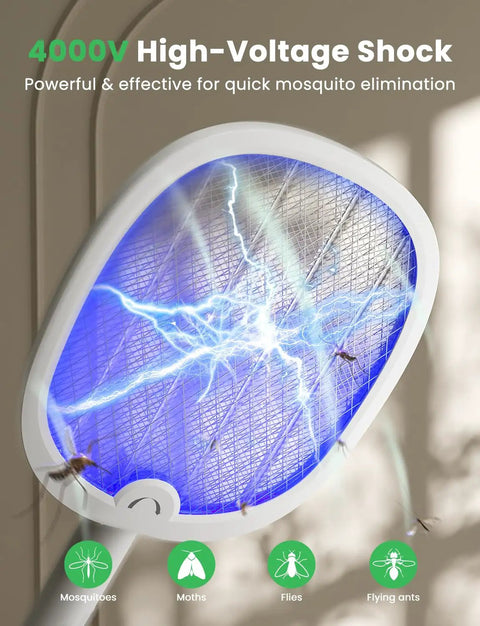 Close-up of Portable 2 In 1 Electric Fly Swatter Bug Zapper Racket With Purple Light Attractant in action, showing electric grid.