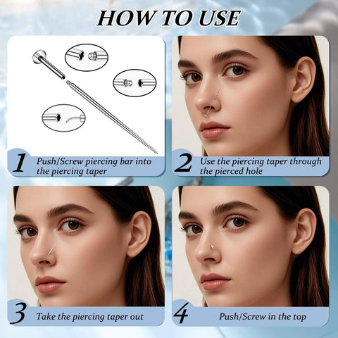 Step-by-step guide using 16G 18G Piercing Taper Ball Grabber Go To Hypoallergenic Stainless Steel Flat Back Earring Applicator Tool