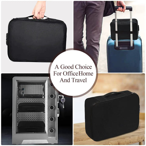 Collage of fireproof document box with lock, three-layer organizer bag in hand, on luggage, and inside safe, for secure storage.