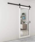 84 In By 36 In Dope Mirror Sliding Barn Door With Hardware Kit And Handle White MDF Interior Door Ready To Hang Pre Finished Rail System Included Front Mirror Maximizes Light And Reflections Ideal For Closets Bathrooms Pantries Laundry Rooms installed view