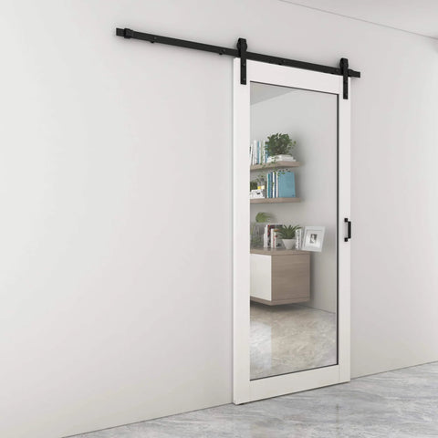 84 In By 36 In Dope Mirror Sliding Barn Door With Hardware Kit And Handle White MDF Interior Door Ready To Hang Pre Finished Rail System Included Front Mirror Maximizes Light And Reflections Ideal For Closets Bathrooms Pantries Laundry Rooms installed view