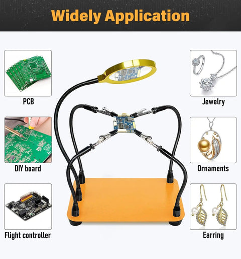 Image of Helping Hands Soldering Station With 5X Magnifying Glass And 4 Flexible Arms Third Hand Soldering Tool, showcasing its uses in electronics and jewelry.