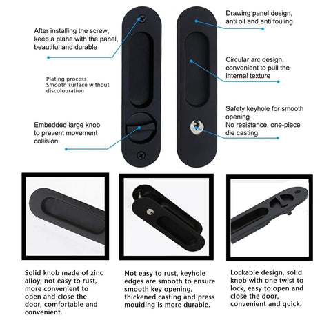 6.8 Inch Privacy Pocket Door Lock Hardware With Key Sliding Pocket Door Handle, image showing installation and features on interior doors.