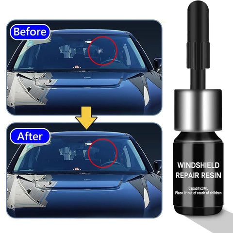 Image showing before and after using Two Bottle Nano Glass Crack Repair Kit With Quick Repair Liquid For Chips And Cracks on windshield.