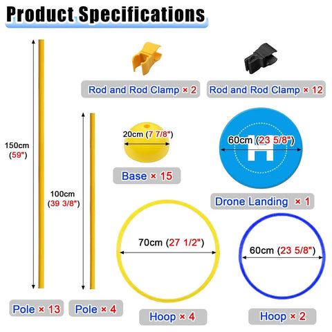 Crash-Proof Drone Trainer For Beginners And Pros, Indoor Obstacle Course Kit components and specifications chart