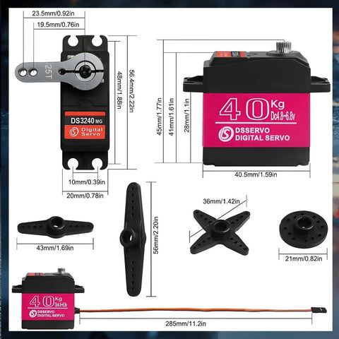 Diagram of Beefy 40 Kg High Torque RC Steering Servo Waterproof For 1 Eight Scale 1 Ten Scale And 1 Twelve Scale Cars And DIY Projects 270 Degree Rotation With Full Metal Gears And Quiet Operation, showing dimensions and components.