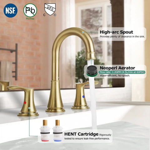 Widespread Double-Handle Bathroom Faucet In Brushed Nickel With Metal Pop Up Drain, displayed with high-arc spout and handles