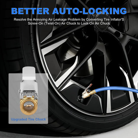 Locking Tire Air Chuck Set With Brass Inflation Hose Adapter and tire connection preventing air leakage
