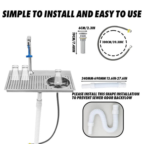 Recessed Countertop Pitcher Rinser Built From Heavy Duty 304 Stainless Steel With A High Pressure Multi Angle Spray Head And Integrated Drain Pan Fast Hookup For Home Bars Cafes Slick Cleanup Essentials with installation details.