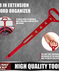 18 in extension cord organizer in red plastic with ergonomic grip for organizing wires and pipes, shown with example use.