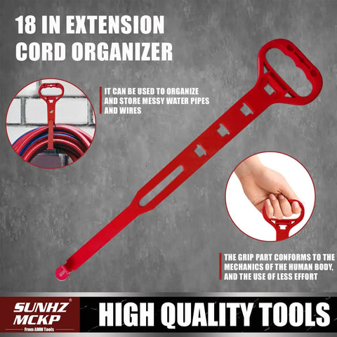 18 in extension cord organizer in red plastic with ergonomic grip for organizing wires and pipes, shown with example use.