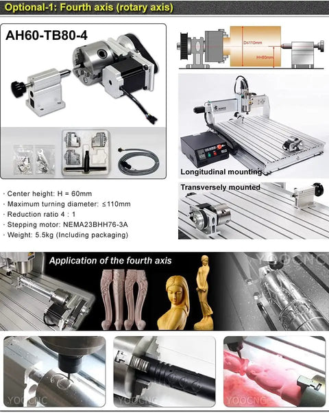 4 Axis 6040 CNC Milling And Engraving Machine With 2200W Spindle USB Port and optional fourth rotary axis components