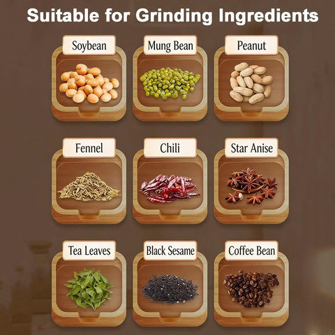 Hand Crank Stone Grain Mill With Granite Grinding Stone And Sturdy Wood Base, ingredients suitable for grinding displayed in grid
