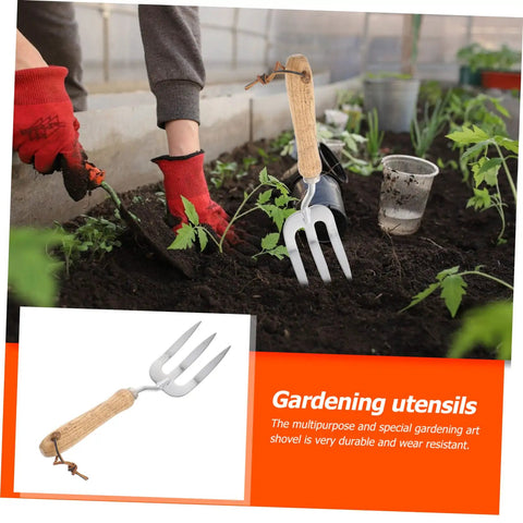Person using Multi Tool Garden Hand Shovel And Three Tooth Planting Fork With Built In Rake Handy Lightweight Hand Forged Digging Tool
