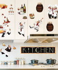 Kitchen with Chef Kitchen Wall Decals Set With Wine And Food Quotes on cabinets, featuring chefs, wine, barrels, and bread.
