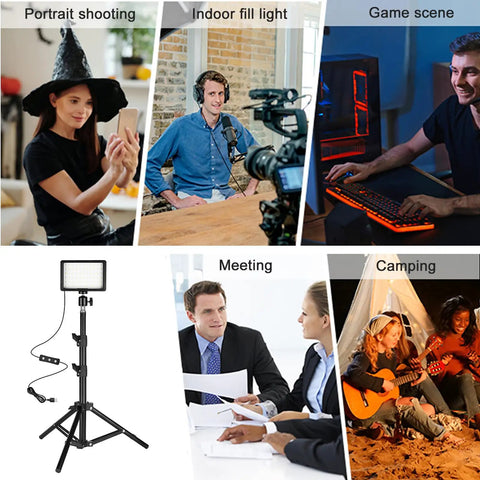 Collage of Two Pack Dimmable USB LED Video Lights 5600K with Adjustable Brightness and uses in different scenarios.