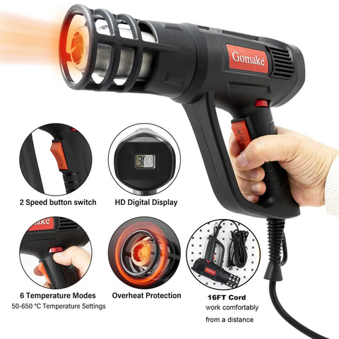 Vinyl Wrap Tool Kit for Cars With Heat Gun, 16Ft Cord, showing heat gun with digital display and heat protection feature.