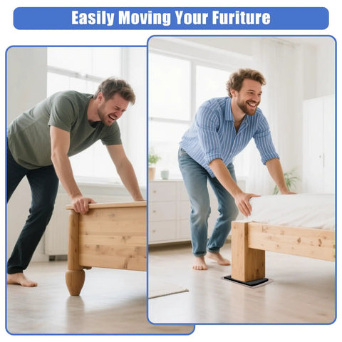 Two men moving a wooden bed with 8 Pack Furniture Sliders For Carpet Large 8.2 X 5.5 Inch Heavy Duty Glide Pads on carpet floors.