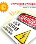 Heavy Duty Danger High Voltage Warning Signs Five Pack Tough As Nails Weatherproof Electrical Shock Hazard Decals shown with UV protection.