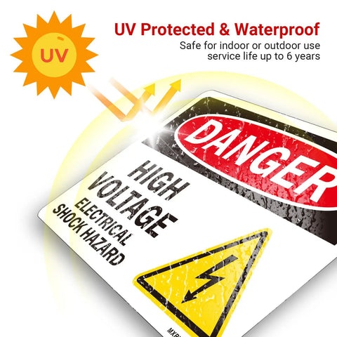 Heavy Duty Danger High Voltage Warning Signs Five Pack Tough As Nails Weatherproof Electrical Shock Hazard Decals shown with UV protection.
