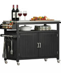 43.3-Inch Outdoor Kitchen Island With Storage Cabinet And Stainless Steel Top All-In-One Solid Wood Prep Station on wheels