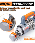 Centall 5/8 Inch Electric Hydraulic Rebar Cutter RC16B Orange with metal cover for safety during operation.