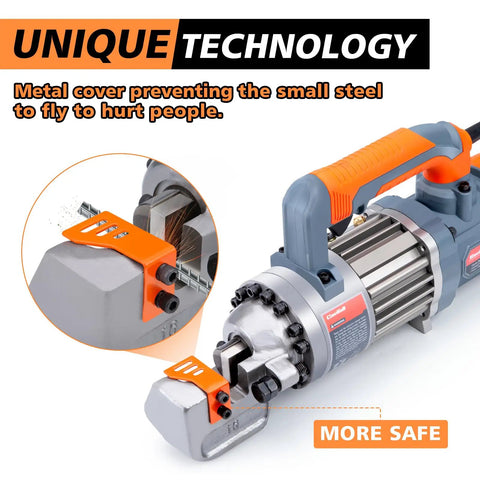 Centall 5/8 Inch Electric Hydraulic Rebar Cutter RC16B Orange with metal cover for safety during operation.