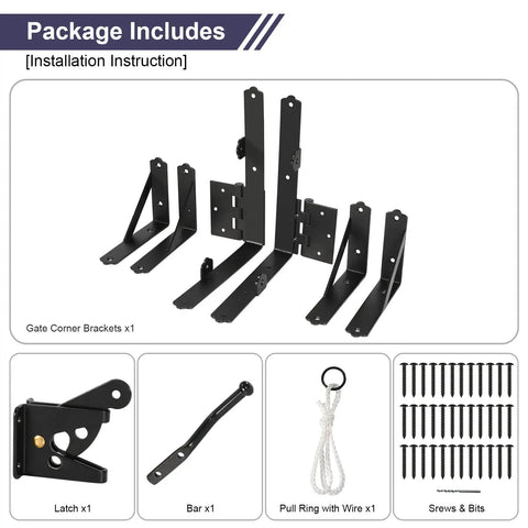 Heavy Duty Corner Gate Brace Kit For Wooden Fences With Latch No Sag Brackets Rust Resistant Powder Coated Steel Supports Up To 120 Lbs shown with components