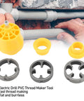 Topincn Electric Drill Pvc Threader Tap And Die Set For Plumbing showing yellow thread maker tool and tap sizes for PVC piping.