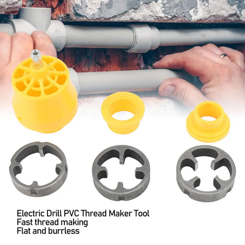 Topincn Electric Drill Pvc Threader Tap And Die Set For Plumbing showing yellow thread maker tool and tap sizes for PVC piping.