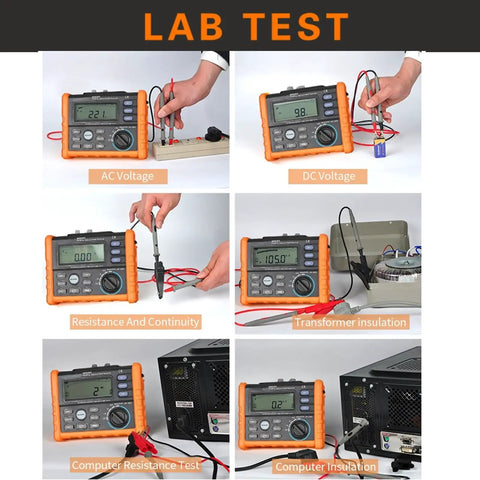 Digital Insulation Tester Multimeter with 0.01M to 100G Insulation Range lab test in various voltage and insulation scenarios.