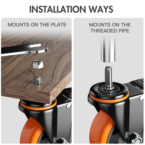 4-inch stem caster wheels, heavy-duty swivel with dual-lock brakes, UNC 3/8-16 threaded stem; set of 4; plate or pipe mount