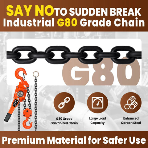 6 Ton Manual Lever Chain Hoist With 10 Foot Lift And 2 Hooks Heavy Duty G80 Chain with close-up of industrial-grade chain and hoist
