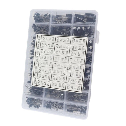 Must-Have 630Pcs Aluminum Electrolytic Capacitor Kit With 24 Values And High Precision For Repairs in organized storage box.