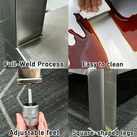 Solid As A Rock Stainless Steel Workbench With Dual Tier Shelves Smooth Rounded Edges Heavy Duty Prep Table showing full-weld process and easy cleaning.