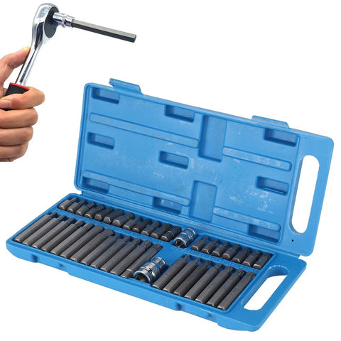 40 Piece Star Spline Hex Socket Bit Set With One Half Inch And Three Eighth Inch Square Drive in Blue Toolbox Open with Ratchet