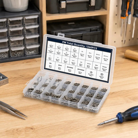 1260 Piece Small Stainless Steel Nuts And Bolts Assortment Kit Heavy Hitter Cross Pan Head Screws Rust Proof build in clear compartment tray.