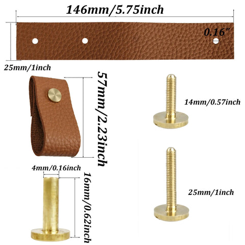 8 Pieces Leather Drawer Pulls Set With Brushed Gold Knobs For Cabinets And Furniture Dark Brown, Soft Leather Handles, dimensions shown