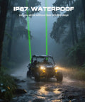 Whipless Led Whip Lights Kit With Rocker Switch Dual Control used on UTV in rainy forest showcasing IP67 waterproof feature